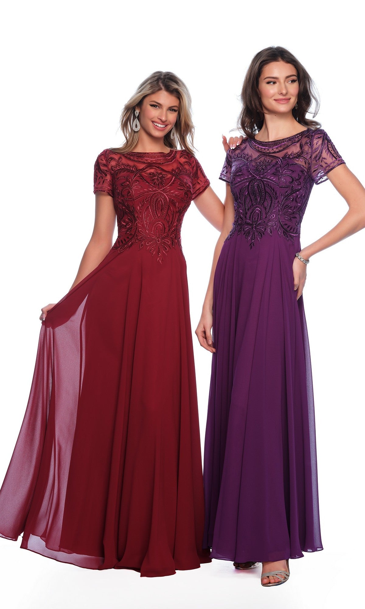 Two women wear the Dave & Johnny A9071 short sleeve formal dress—one in burgundy, one in purple. The lace bodice A-line gowns look elegant as they stand smiling against a white background.